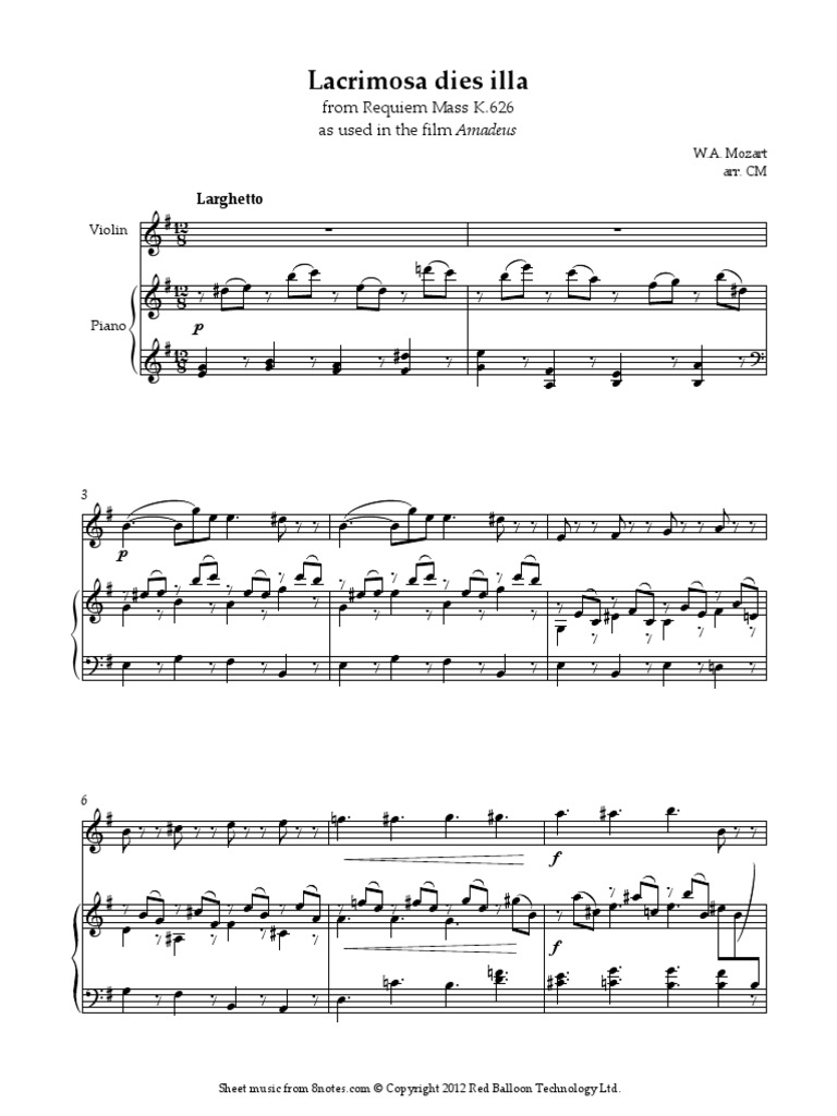 Lacrimosa violin sheet music page showing instrumental score for Mozart’s Requiem style arrangement