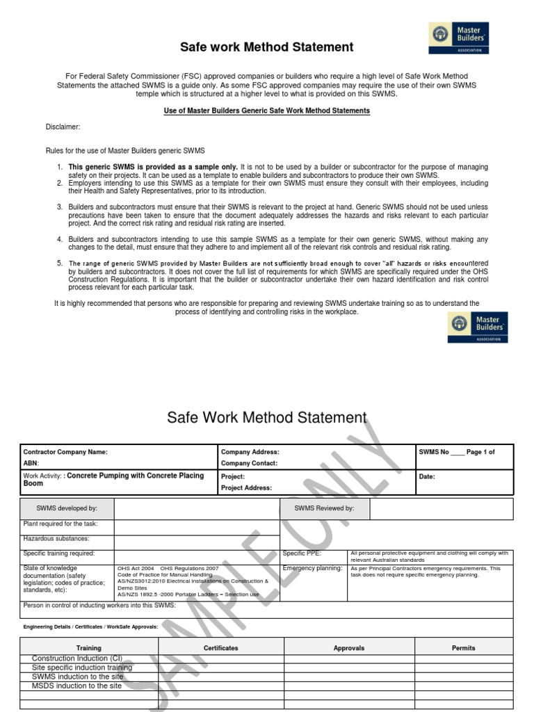 Concrete Pumping Safety SWMS Guide | PDF | Personal Protective ...