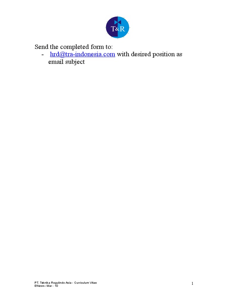 Send The Completed Form To: - With Desired Position As Email Subject ...