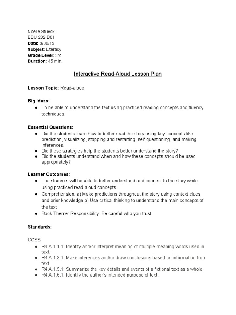 3rd Grade Read-Aloud Lesson Plan | PDF | Reading Comprehension ...