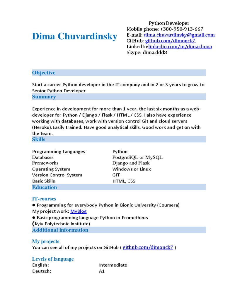 Python Developer Resume - Dima Chuvardinsky | PDF