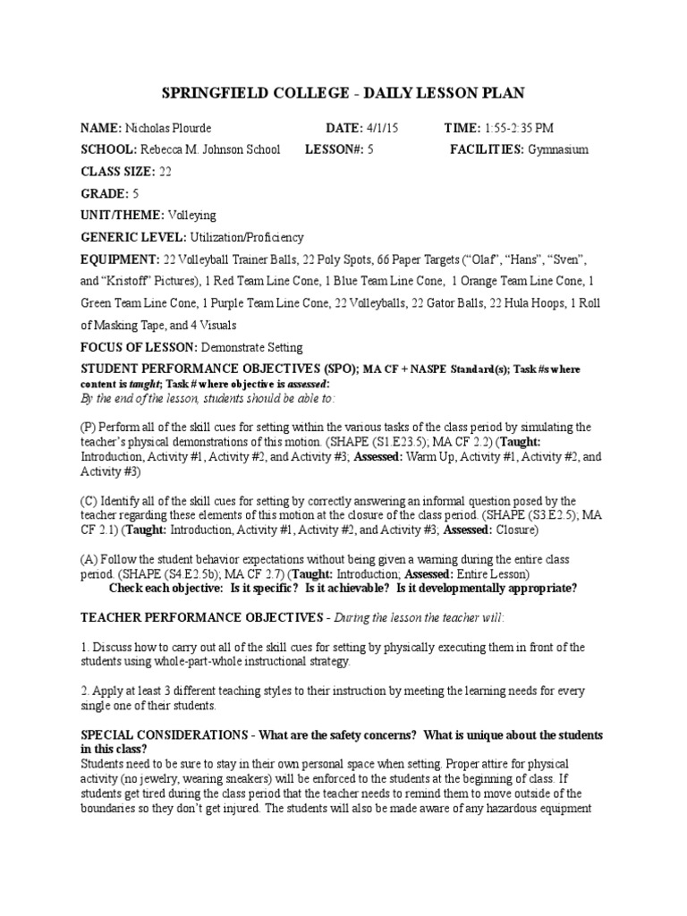 prepracticum lesson plan 5 4 Volleyball Physical Education