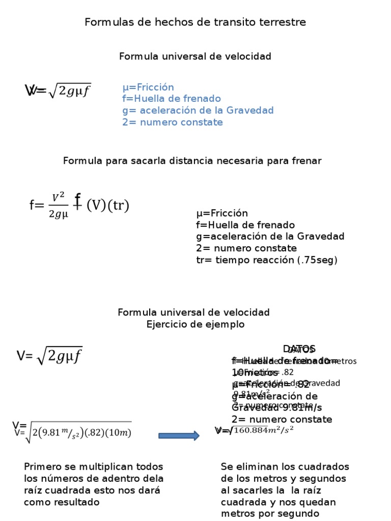 Fórmulas de Velocidad y Frenado Terrestre | PDF
