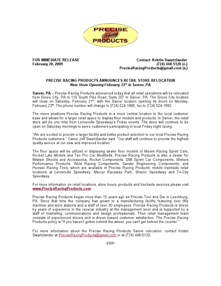 Precise Racing Products Relocation Press Release | PDF | Auto Racing ...
