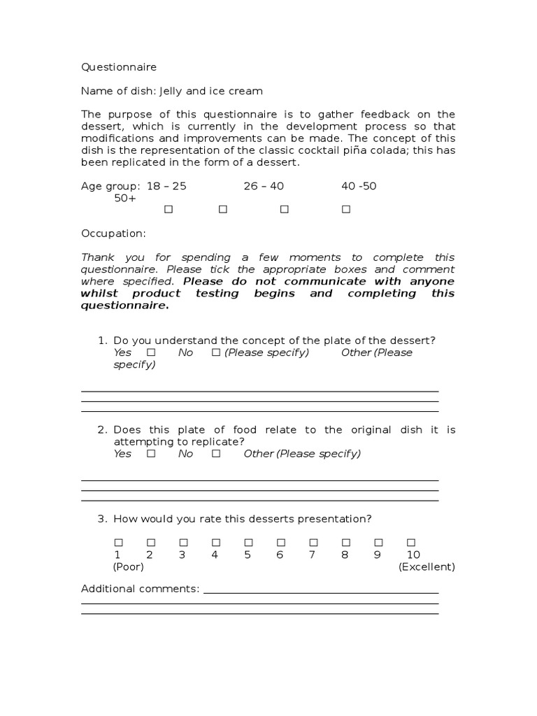 Feedback Questionnaire for Dessert Dish | PDF | Cooking, Food & Wine