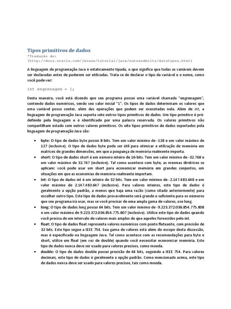 Tipos Primitivos de Dados em Java | PDF | Tipo de dados | String ...