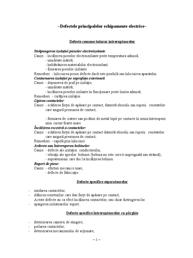 Defectele Principalelor Echipamente Electrice | PDF