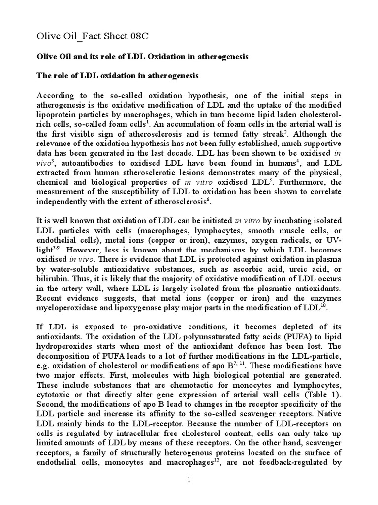 Olive Oil Fact Sheet 08C PDF Low Density Lipoprotein Atherosclerosis