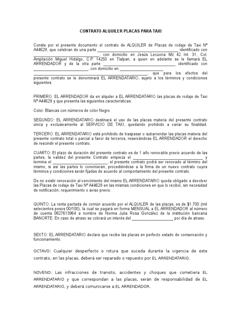 Contrato Placas Taxi Alquiler Gobierno