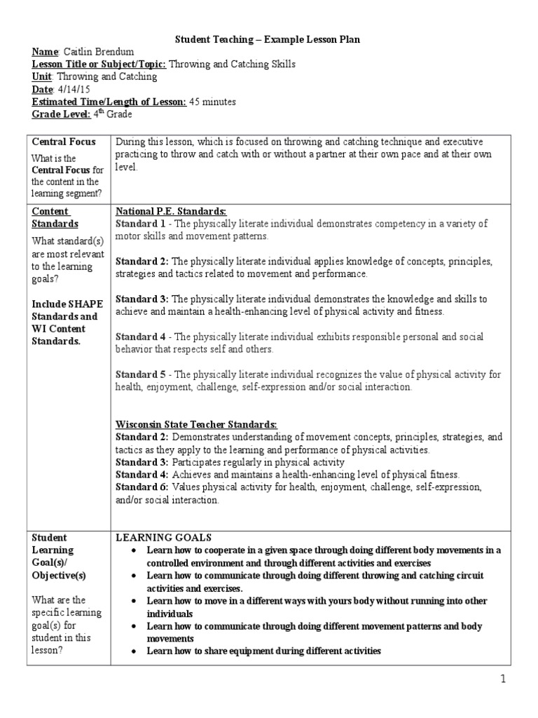 Ped 372 Lesson Plan 2Throwing and Catching Educational Assessment Learning