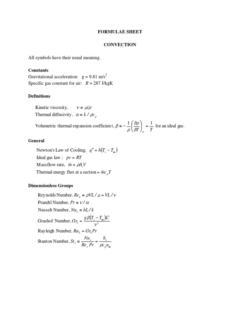 Convection Formulae and Equations Guide | PDF