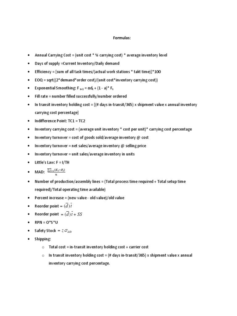 Formula of BA 339 Supply Chain Management PDF
