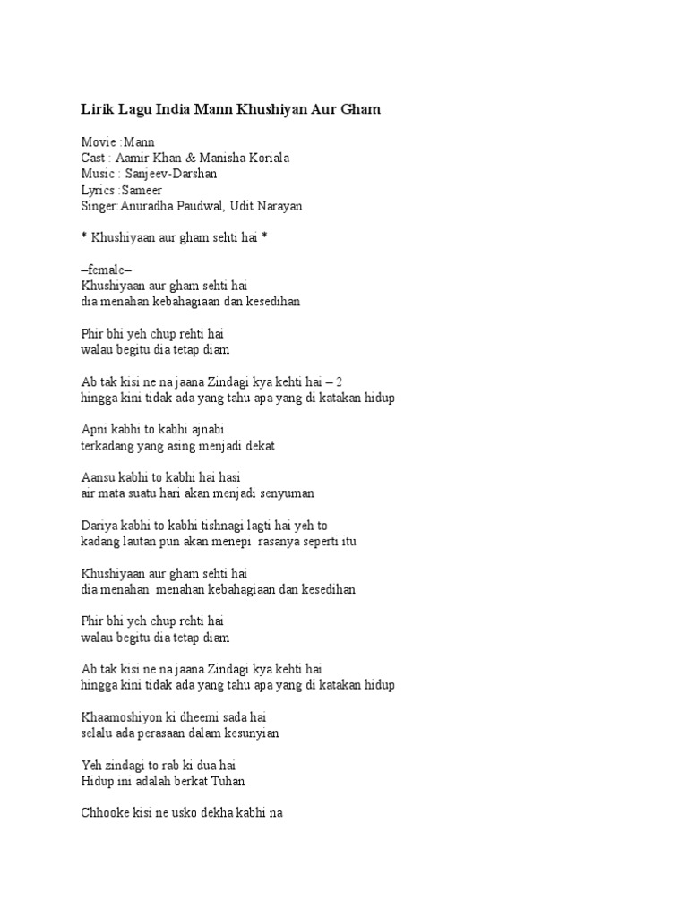 Lirik Lagu Mann Khushiyan Aur Gham