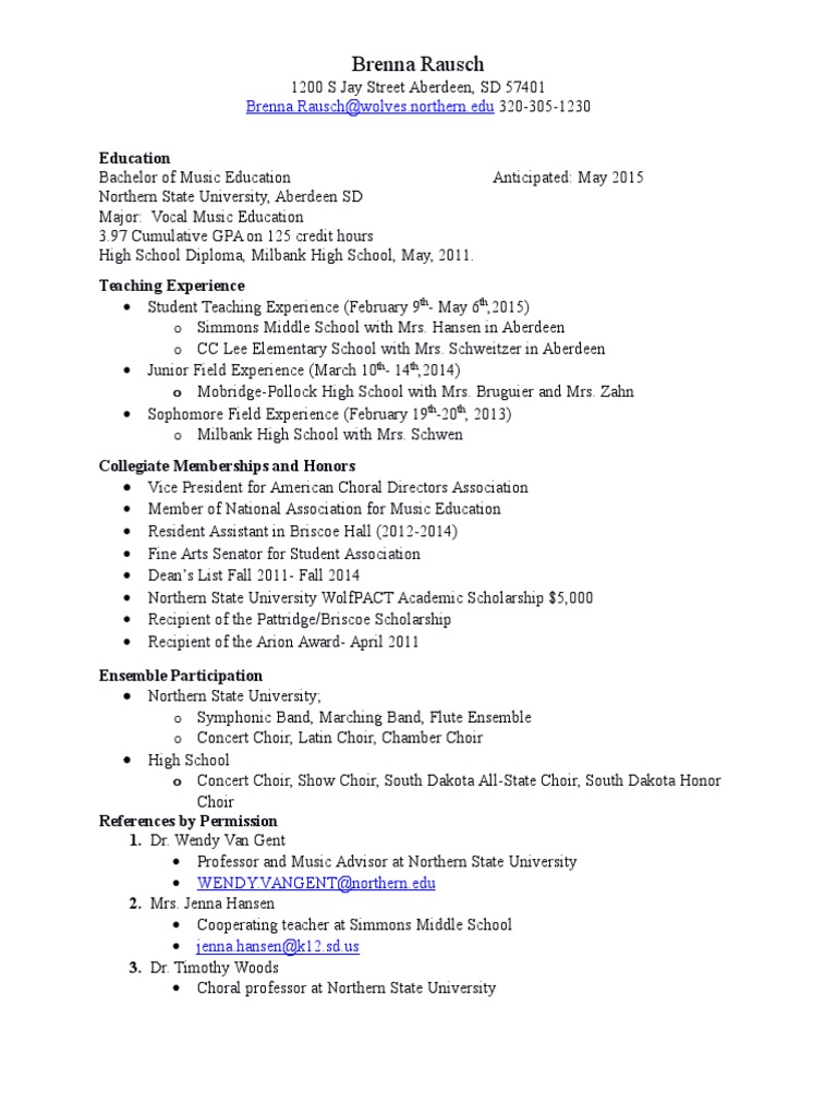 Brenna Rausch: Music Education Resume | PDF | Language Arts ...