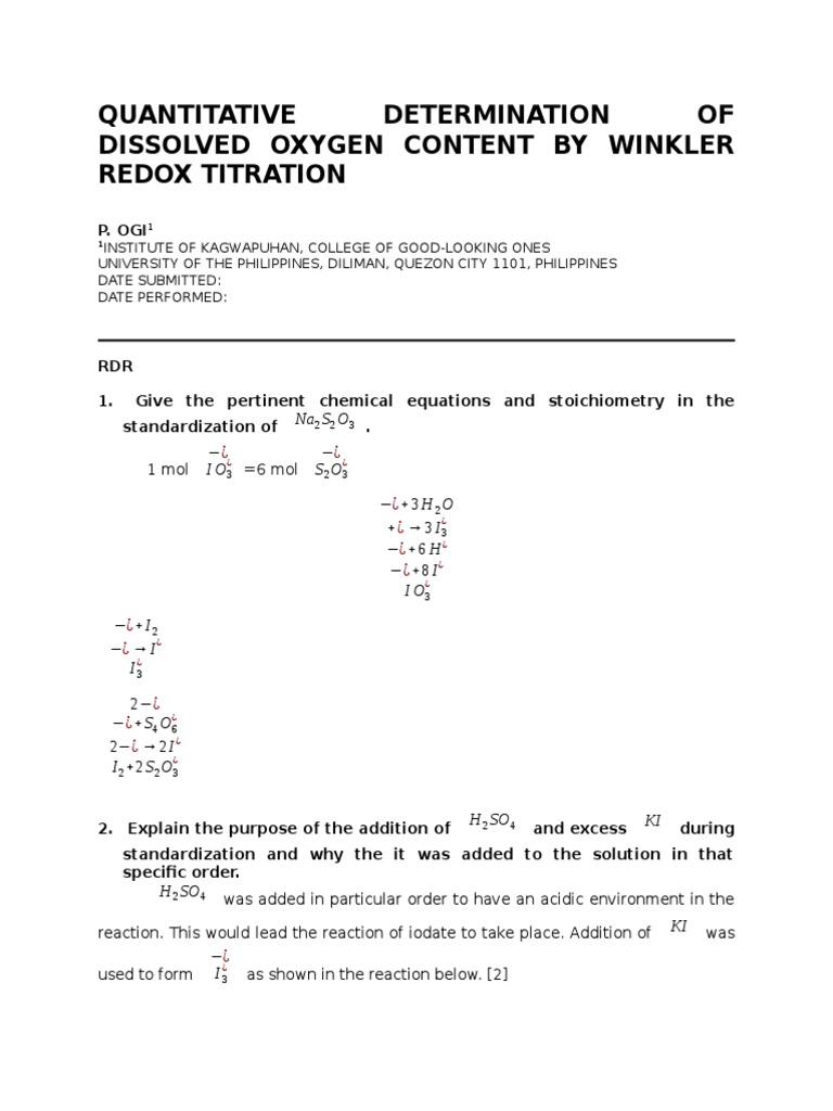 Redox titration winkler method for dissolved oxygen determination essay 06 image