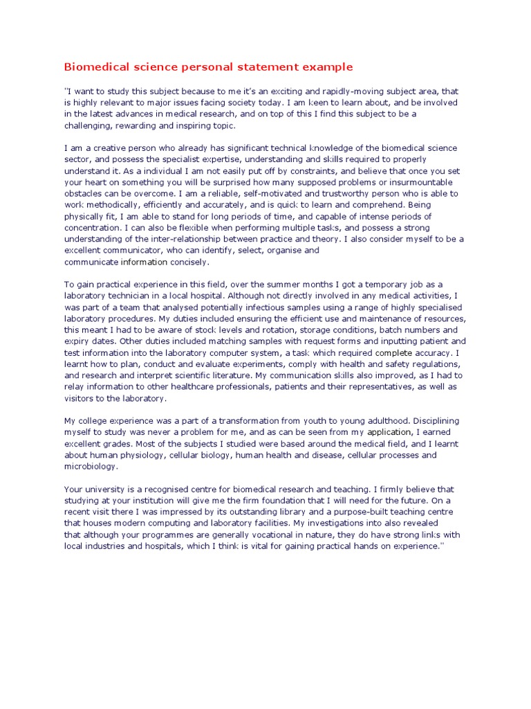 Biomedical Science Personal Statement Example PDF Expert Science