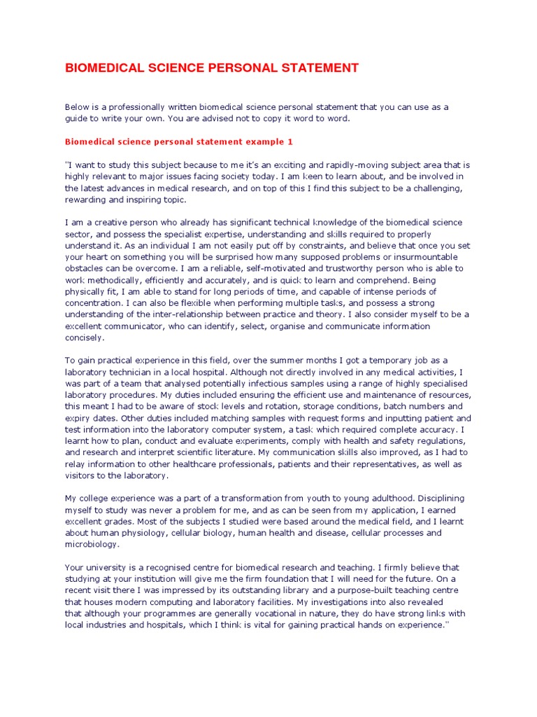 sample personal statement for biomedical science