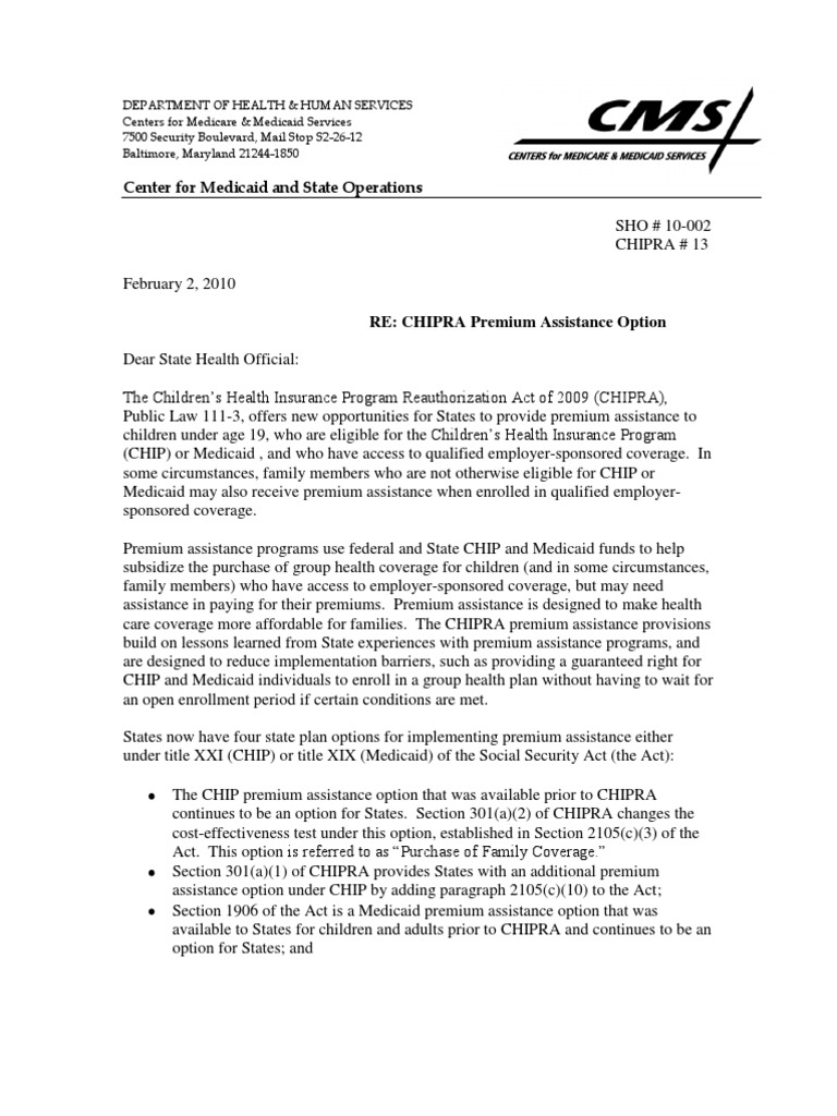 CHIPRA Premium Assistance Options Overview | PDF | Medicaid | Patient ...