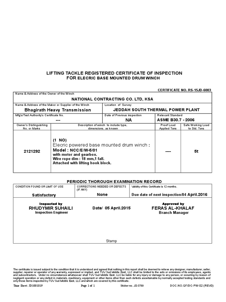 Electric Winch Inspection Certificate | PDF