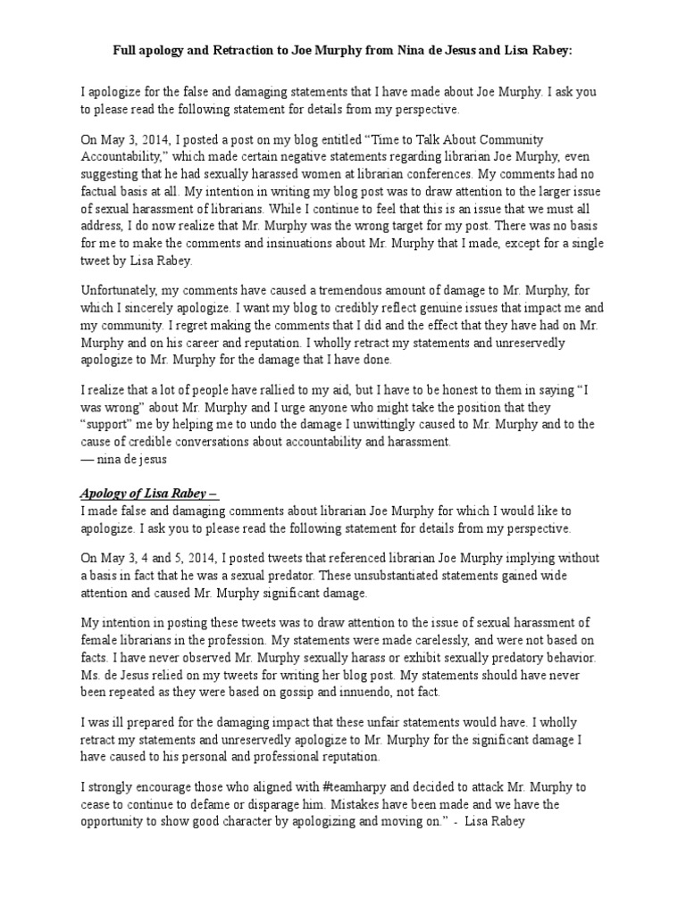 Full Apology and Retraction To Joe Murphy From Teamharpy Lisa Rabey ...