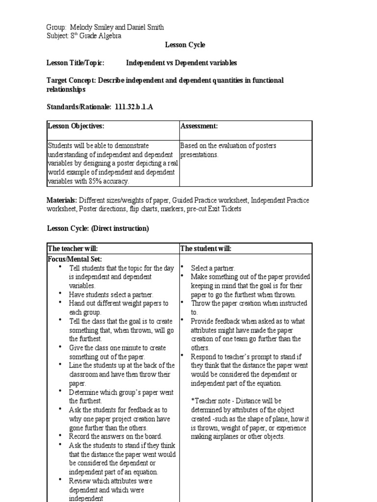 lesson plan 1 final | Dependent And Independent Variables | Variable ...