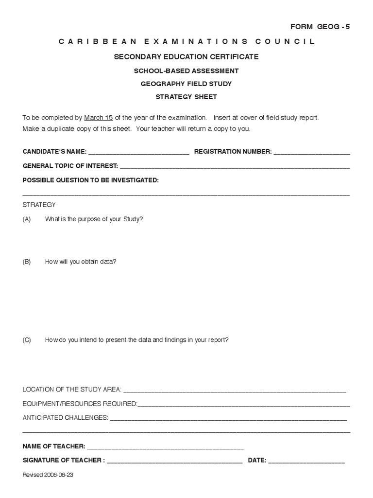 CSEC GeographyFieldStudy SBAForm Strategy Sheet