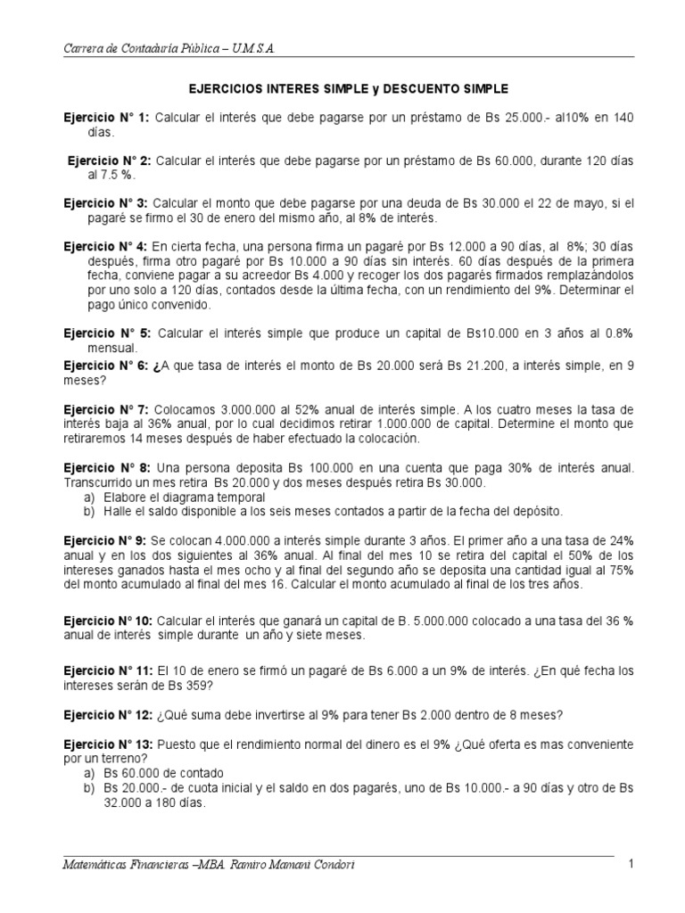 Ejercicios de Interés Simple y Descuento | PDF | Bancos | Dinero