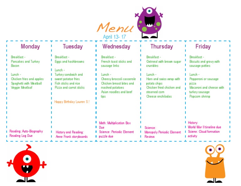 Weekly School Menu & Assignments | PDF | Sports & Recreation