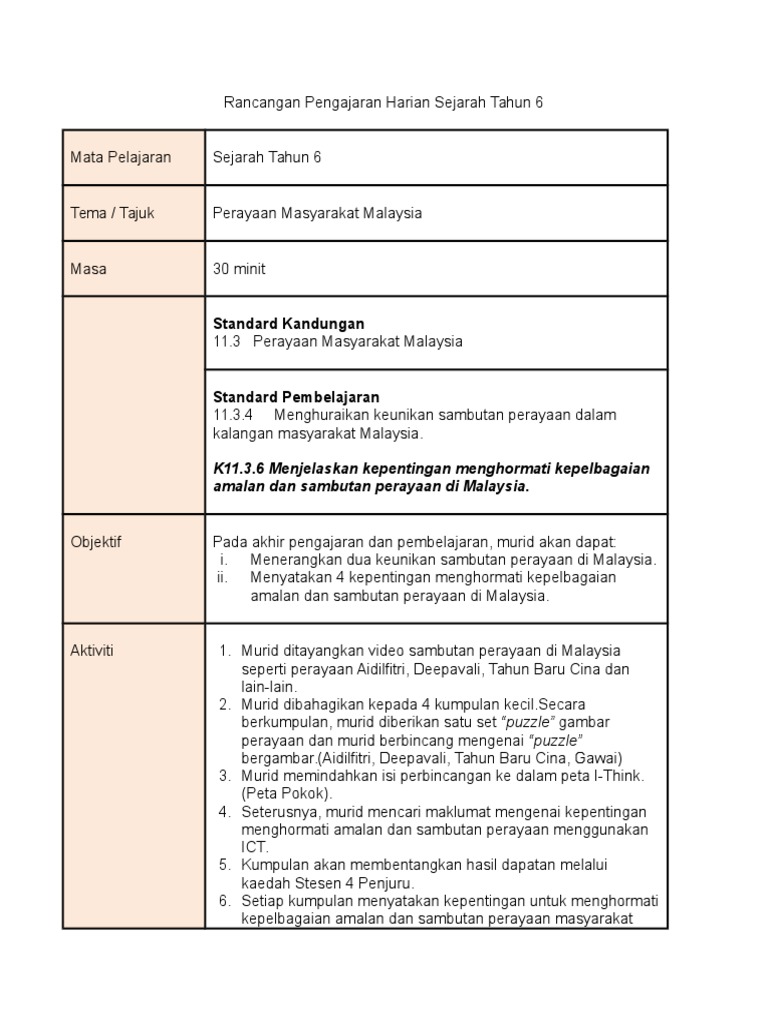 Rancangan Pengajaran Harian Sejarah Tahun 6  PDF