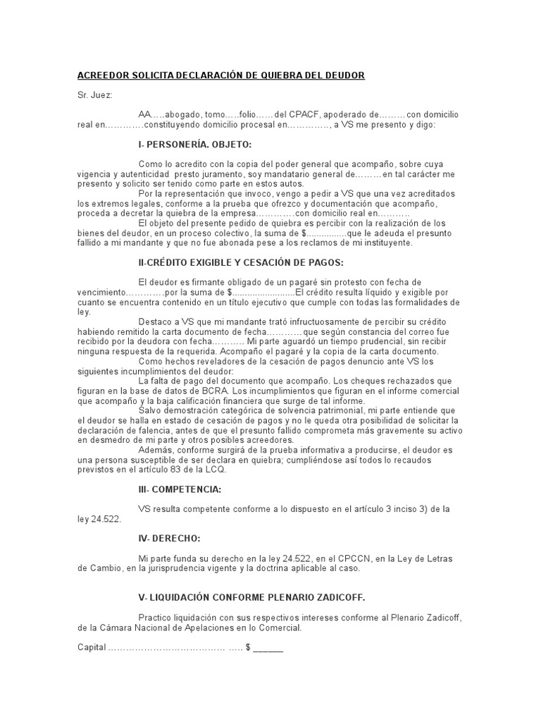 Modelo acreedor solicita declaraci n de quiebra del deudor pdf