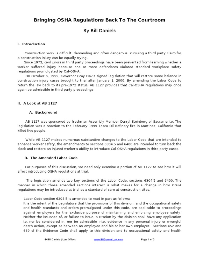Bringing OSHA Regulations Back To The Courtroom PDF Occupational