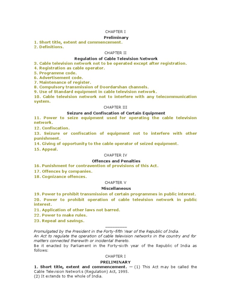 The Cable Television Networks (Regulation) Act, 1995 PDF Cable