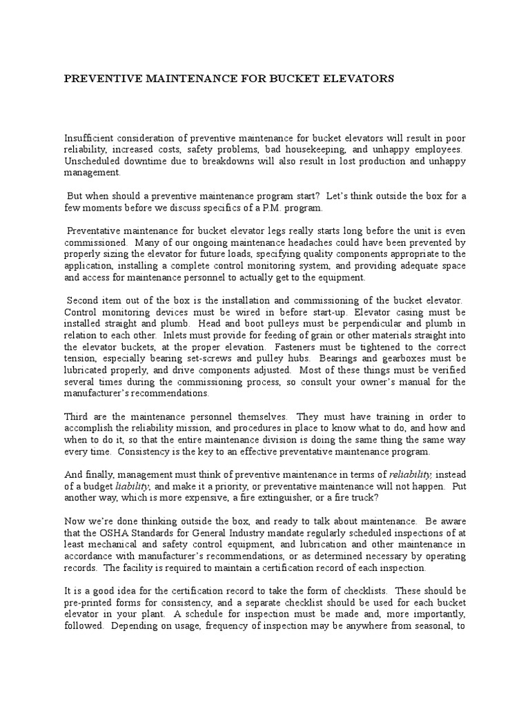 Preventive Maintenance for Bucket Elevators | PDF | Elevator ...