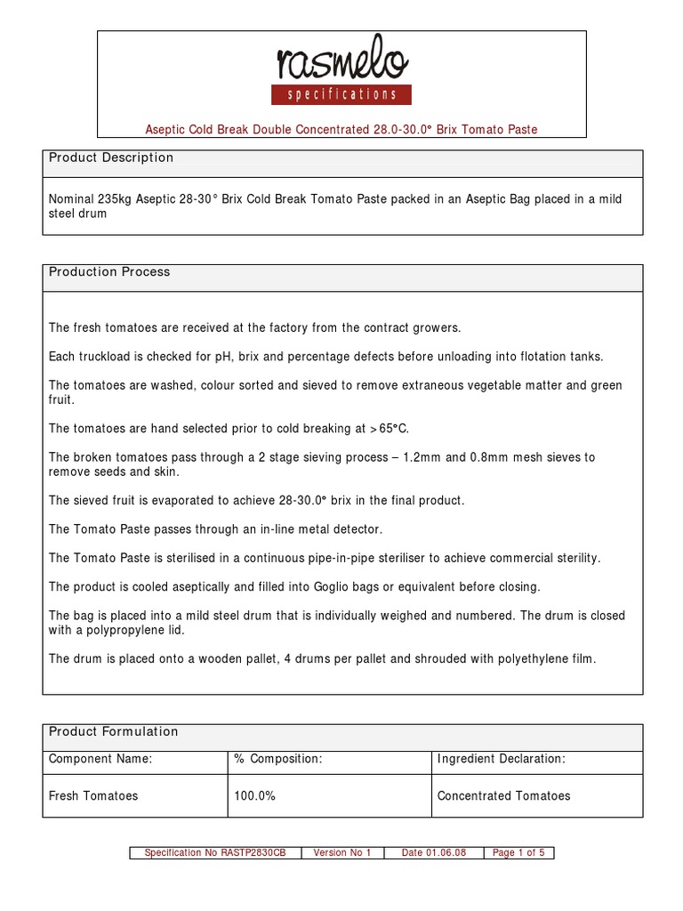 Tomato Paste 28-30 Brix Cold Break | PDF | Soybean | Foods
