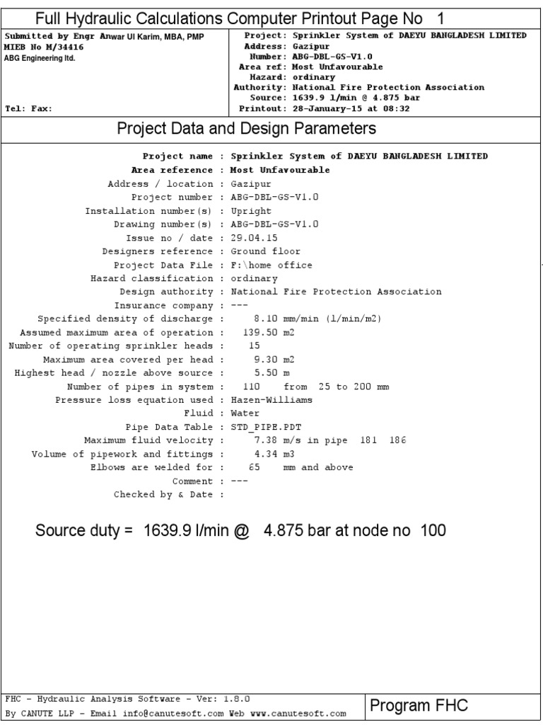 Sample Hydraulic Calculation Fire Sprinkler System Hydraulics