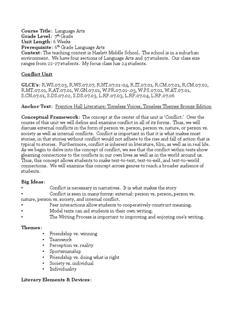 7th Grade Language Arts: Conflict Unit | PDF | Narrative | Plot (Narrative)