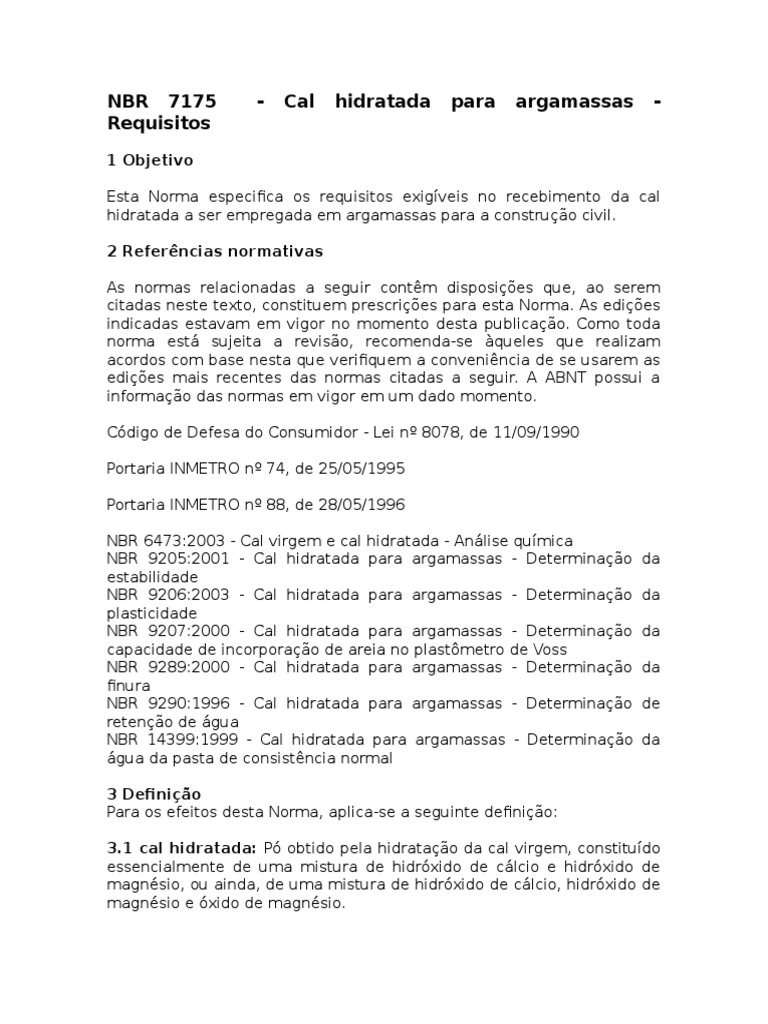 NBR 7175 Cal Hidratada para Argamassas | PDF | Cal (material) | Magnésio