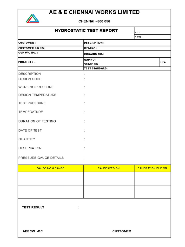 Ae & E Chennai Works Limited: Hydrostatic Test Report | PDF | Business ...