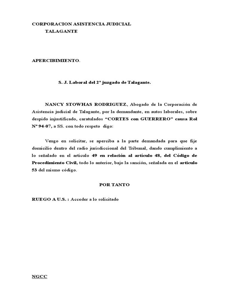 Apercibimiento para Fijar Domicilio Articulo 49 CPC | PDF