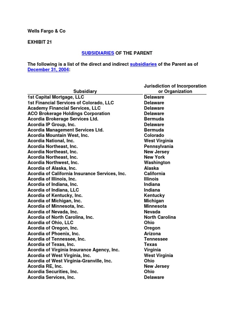Worksheets Wells Fargo Financial Worksheet wells fargo co sec 12 2004 indirectdirect subsidiaries bank na mn exhibit 21