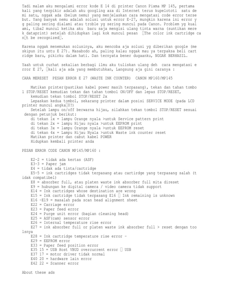 Cara Atasi Error E14 Printer Canon MP145 | PDF | Metode & Bahan Ajar