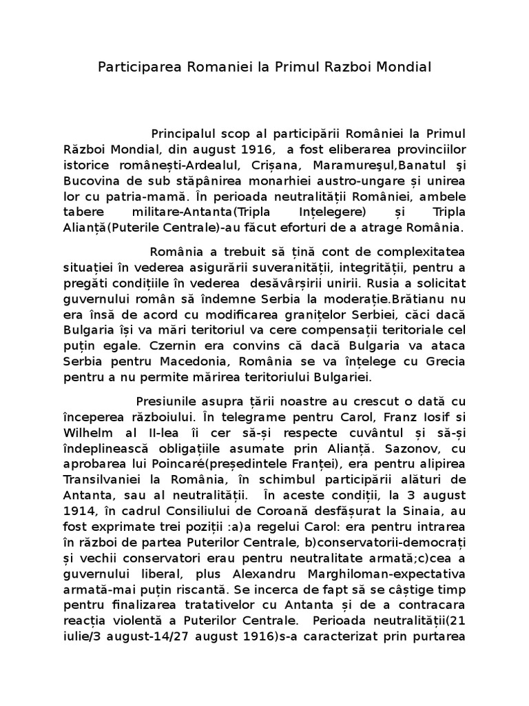 Participarea Romaniei La Primul Razboi Mondial | PDF