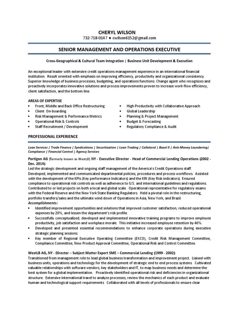 Senior Bank Operations Manager In New York Resume Cheryl Wilson PDF 