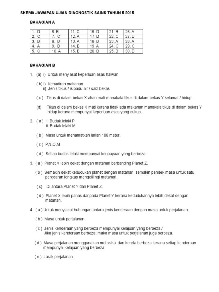 Skema Jawapan Ujian Diagnostik Sains Tahun 5