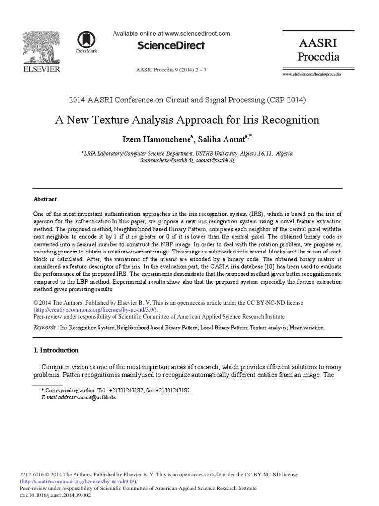A New Texture Analysis Approach For Iris Recognition 2014 AASRI ...