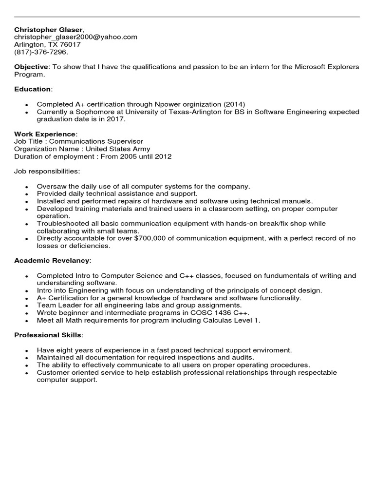 Microsoft Explorers Internship Resume | PDF | Career & Growth | Business
