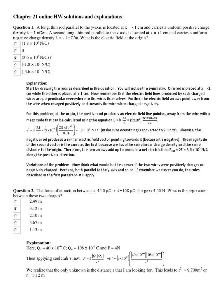 Chapter 21 Hw Solutions And Explanations Electric Charge Electric Field