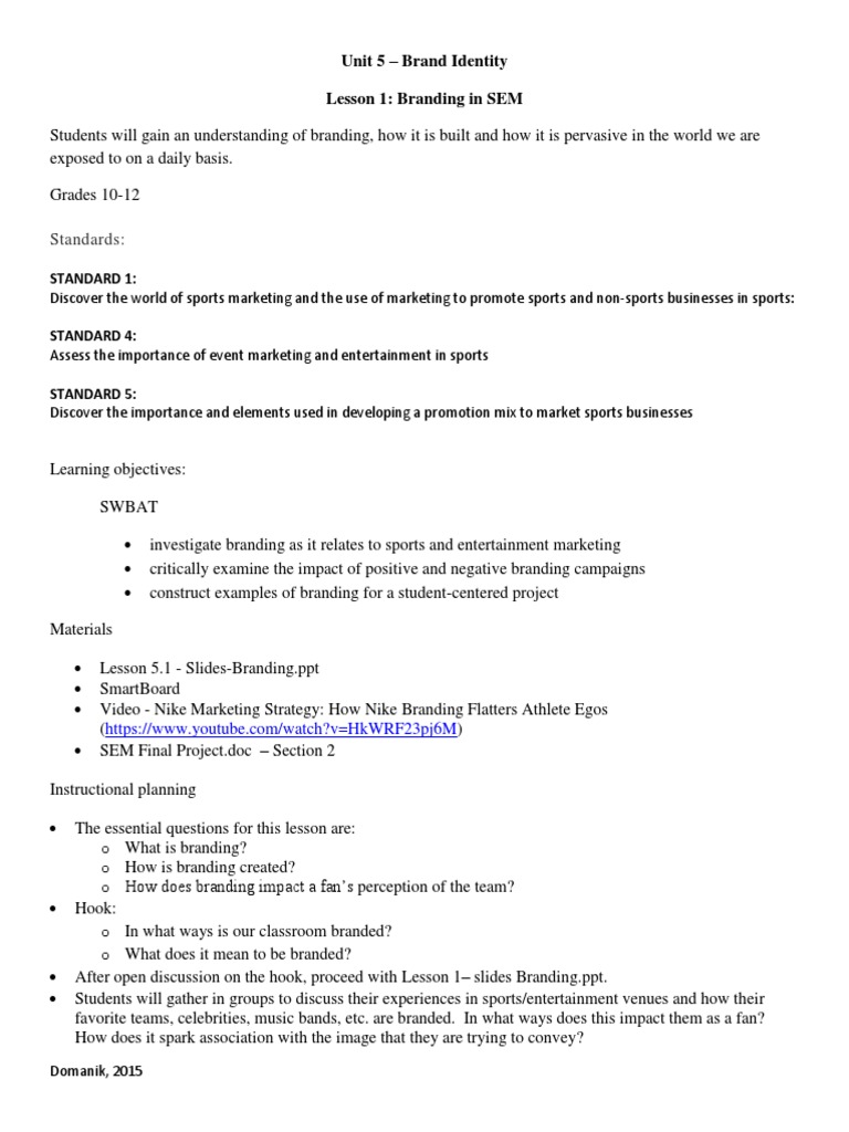 Branding in Sports Marketing Lesson | PDF | Brand | Classroom