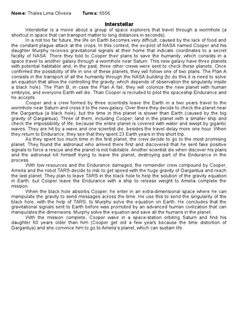 A Summary of the Plot of the Movie 'Interstellar' | PDF | Interstellar