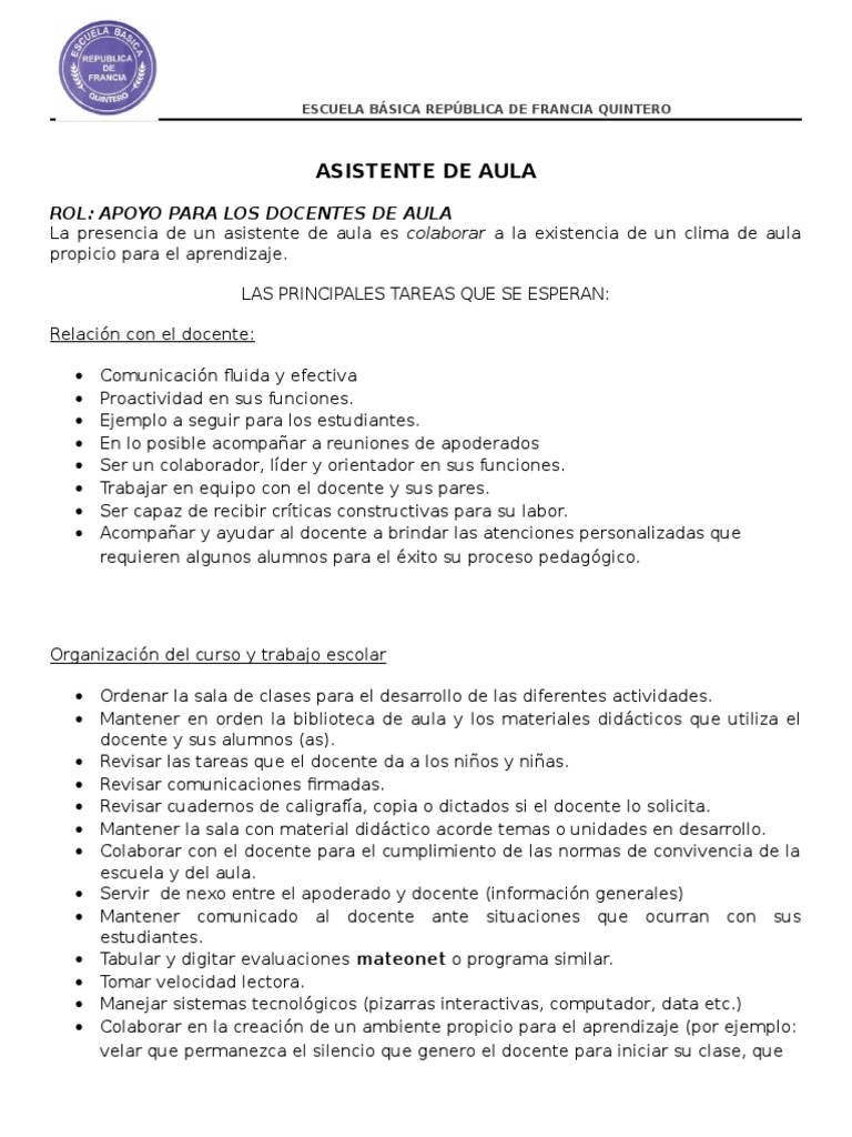 Funciones del Asistente de Aula | PDF | Maestros | Salón de clases